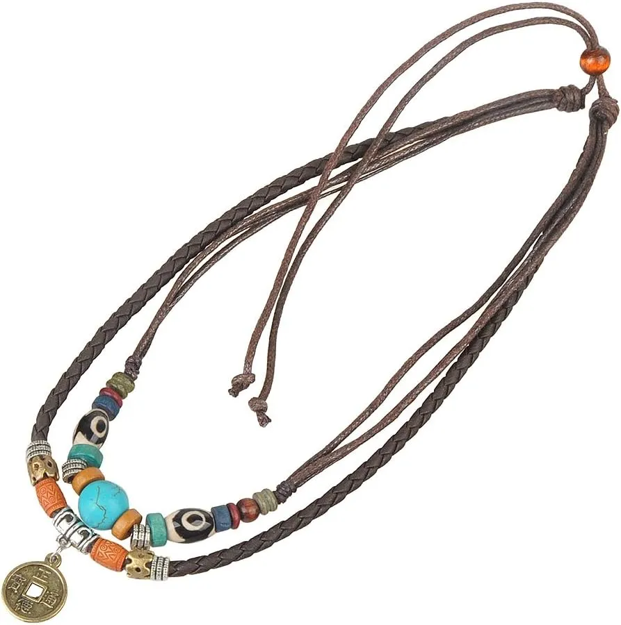 Ancient Tribe Unisex Adjustable Hemp Genuine Leather Necklace Choker Turquoise Bead