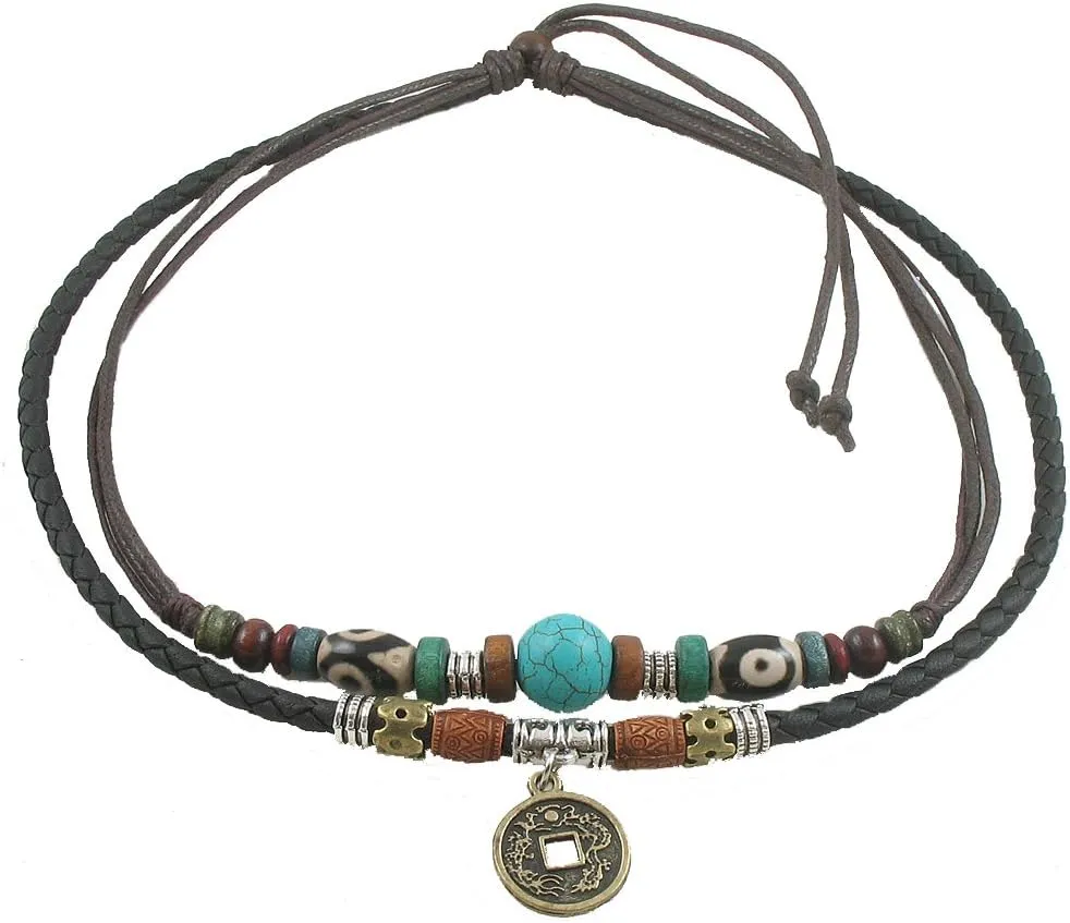 Ancient Tribe Unisex Adjustable Hemp Genuine Leather Necklace Choker Turquoise Bead