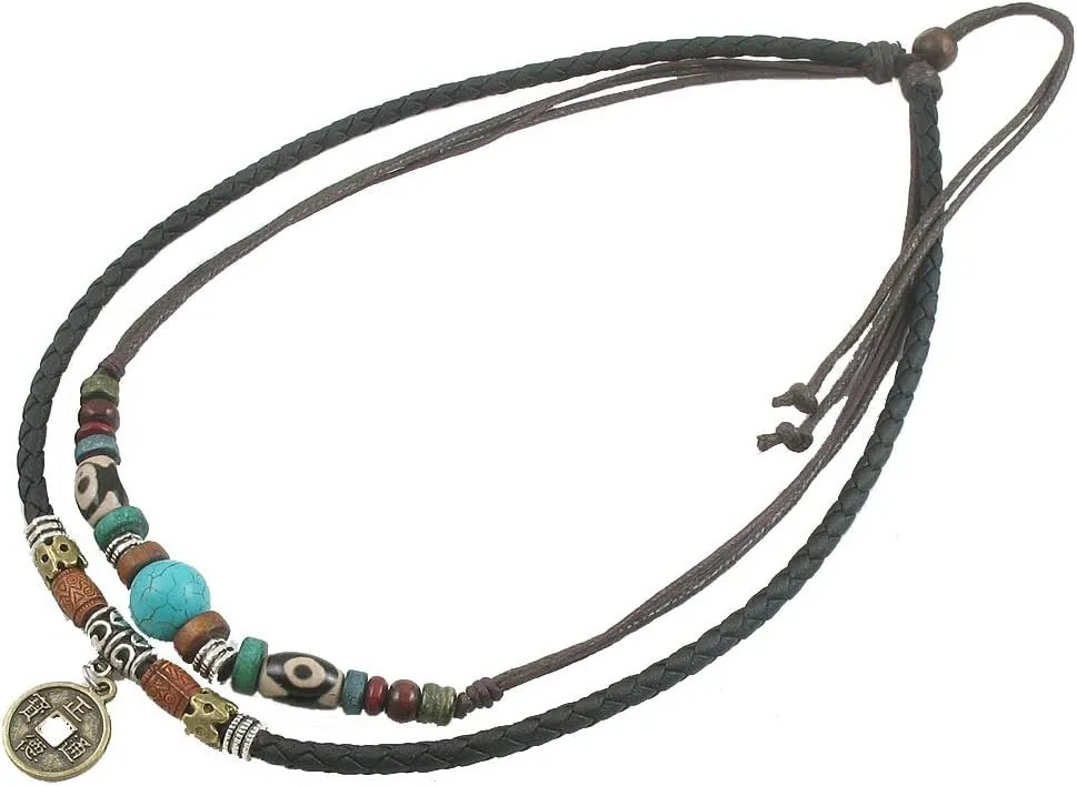 Ancient Tribe Unisex Adjustable Hemp Genuine Leather Necklace Choker Turquoise Bead