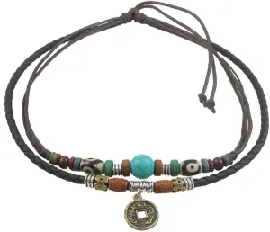 Ancient Tribe Women's Adjustable Hemp Leather Choker Necklace with Turquoise Bead