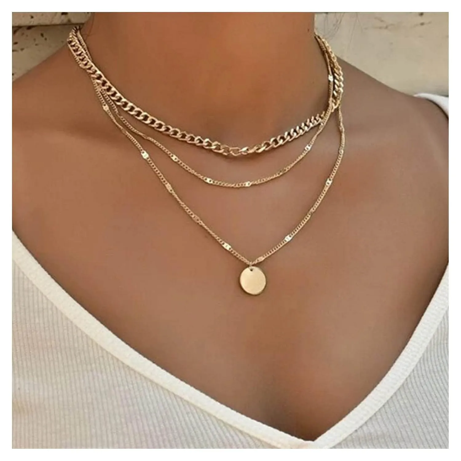 Andelaisi Boho Coin Pendant Necklace Gold Layered Coin Disc Choker Necklace Vintage Curb Chain Necklace Choker Punk Thick Chain Necklace Jewelry for Women