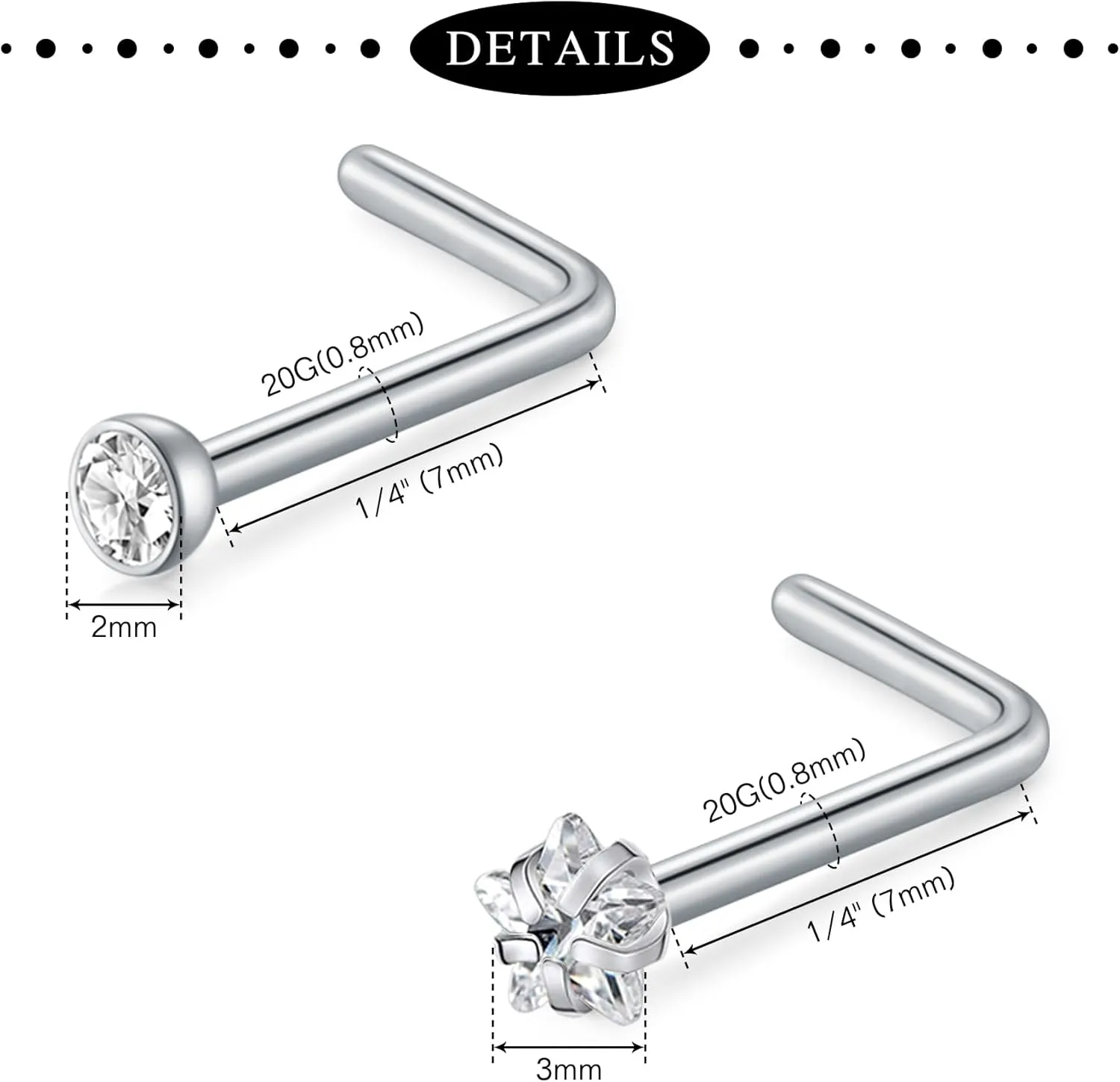 Anicina 18g 20g 22g Nose Rings Studs for Women Mens Nose Rings Hoops Surgical Steel Real Stud Nose Rings L Shaped Corkscrew Bone Nose Piercing Stud Jewelry Hypoallergenic 1.5mm 2mm 2.5mm 3mm