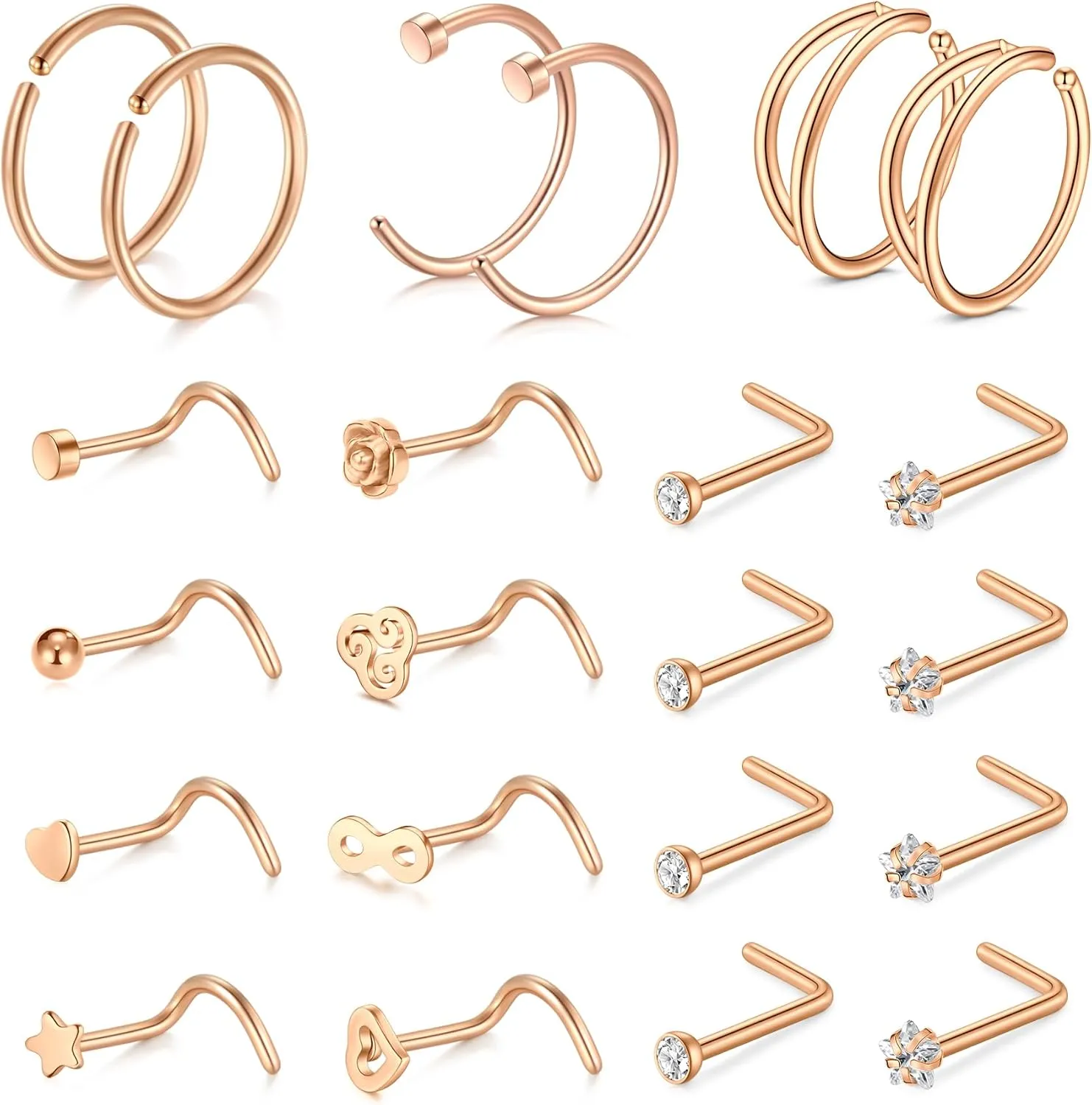 Anicina 18g 20g 22g Nose Rings Studs for Women Mens Nose Rings Hoops Surgical Steel Real Stud Nose Rings L Shaped Corkscrew Bone Nose Piercing Stud Jewelry Hypoallergenic 1.5mm 2mm 2.5mm 3mm