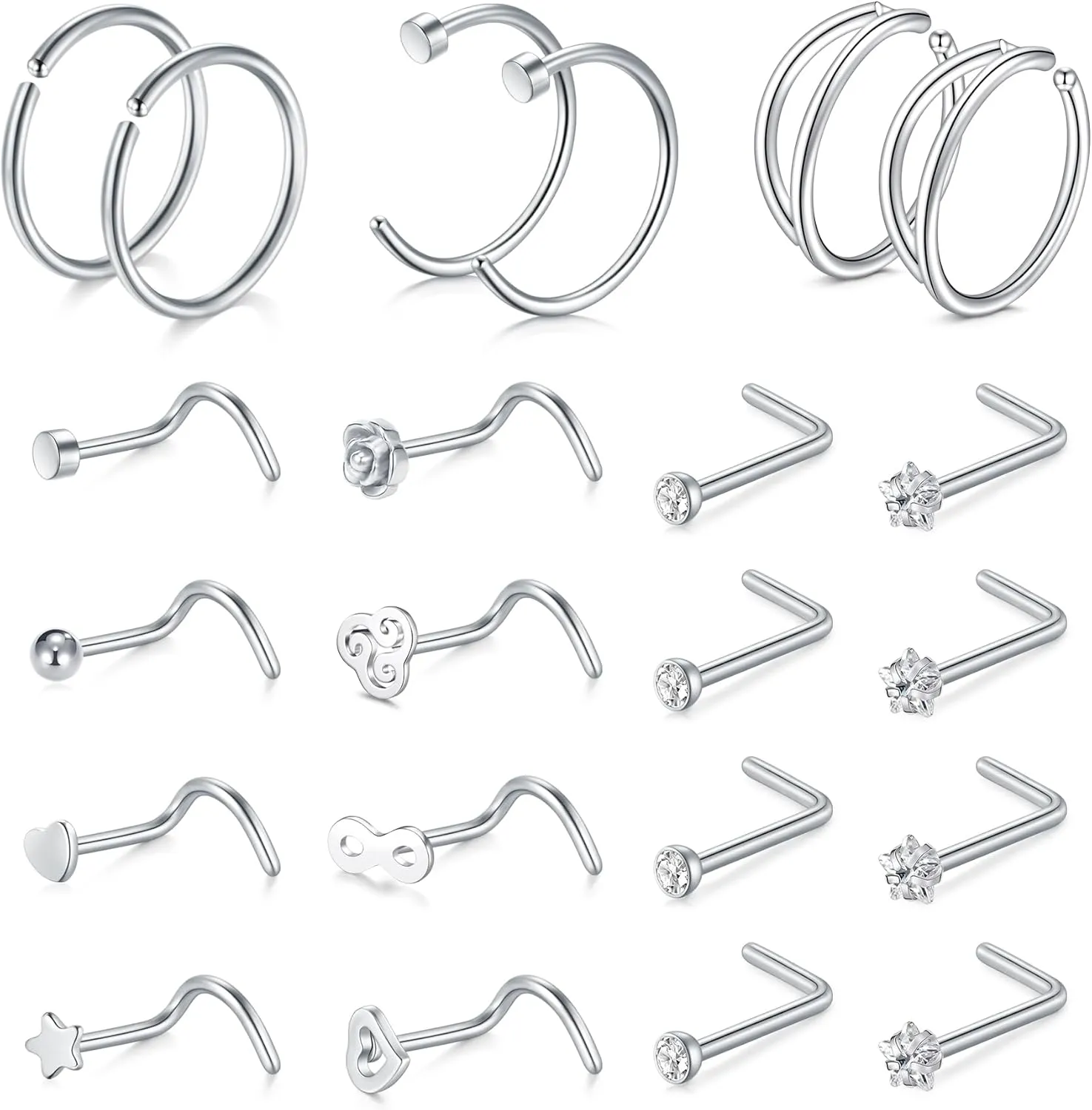 Anicina 18g 20g 22g Nose Rings Studs for Women Mens Nose Rings Hoops Surgical Steel Real Stud Nose Rings L Shaped Corkscrew Bone Nose Piercing Stud Jewelry Hypoallergenic 1.5mm 2mm 2.5mm 3mm