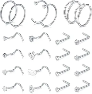 Anicina 18g 20g 22g Nose Rings Studs for Women Mens Nose Rings Hoops Surgical Steel Real Stud Nose Rings L Shaped Corkscrew Bone Nose Piercing Stud Jewelry Hypoallergenic 1.5mm 2mm 2.5mm 3mm