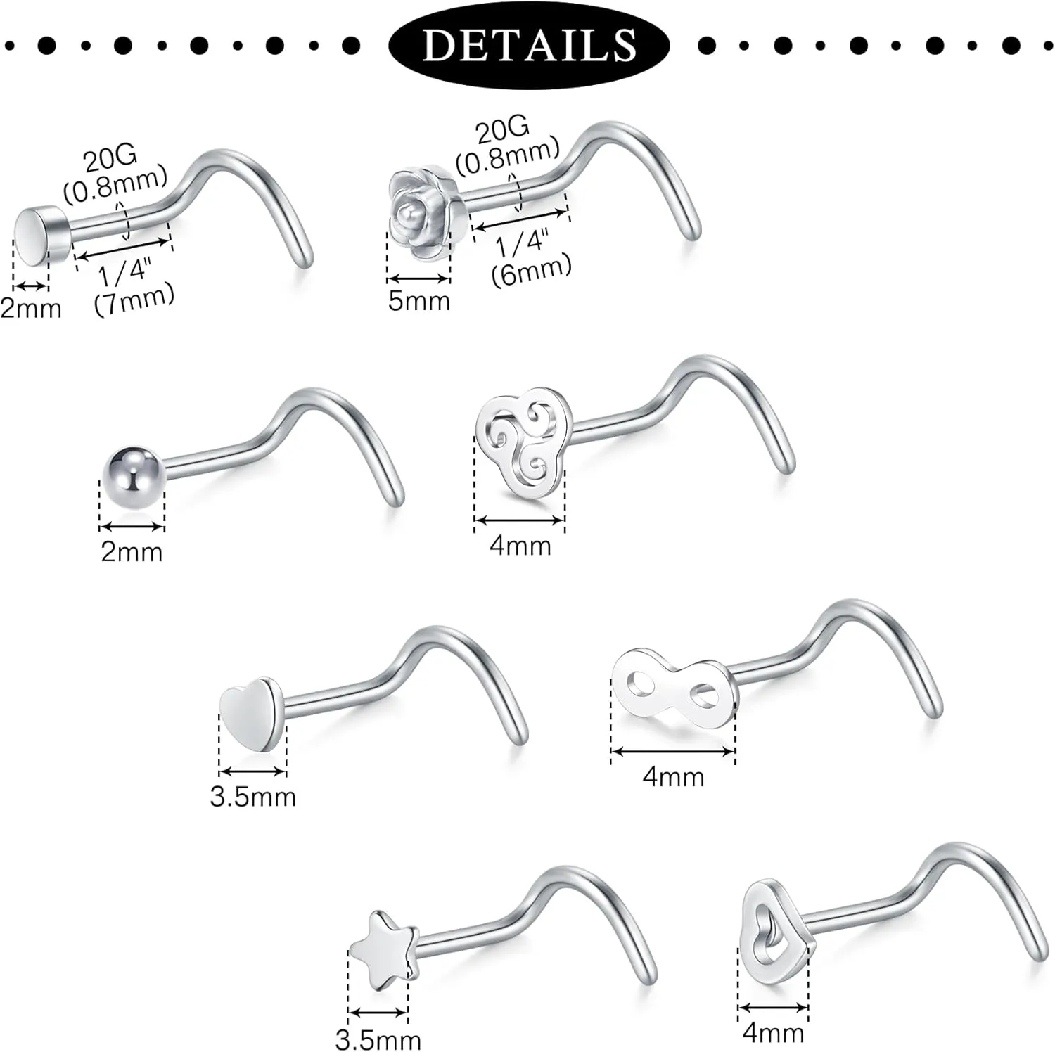 Anicina 18g 20g 22g Nose Rings Studs for Women Mens Nose Rings Hoops Surgical Steel Real Stud Nose Rings L Shaped Corkscrew Bone Nose Piercing Stud Jewelry Hypoallergenic 1.5mm 2mm 2.5mm 3mm