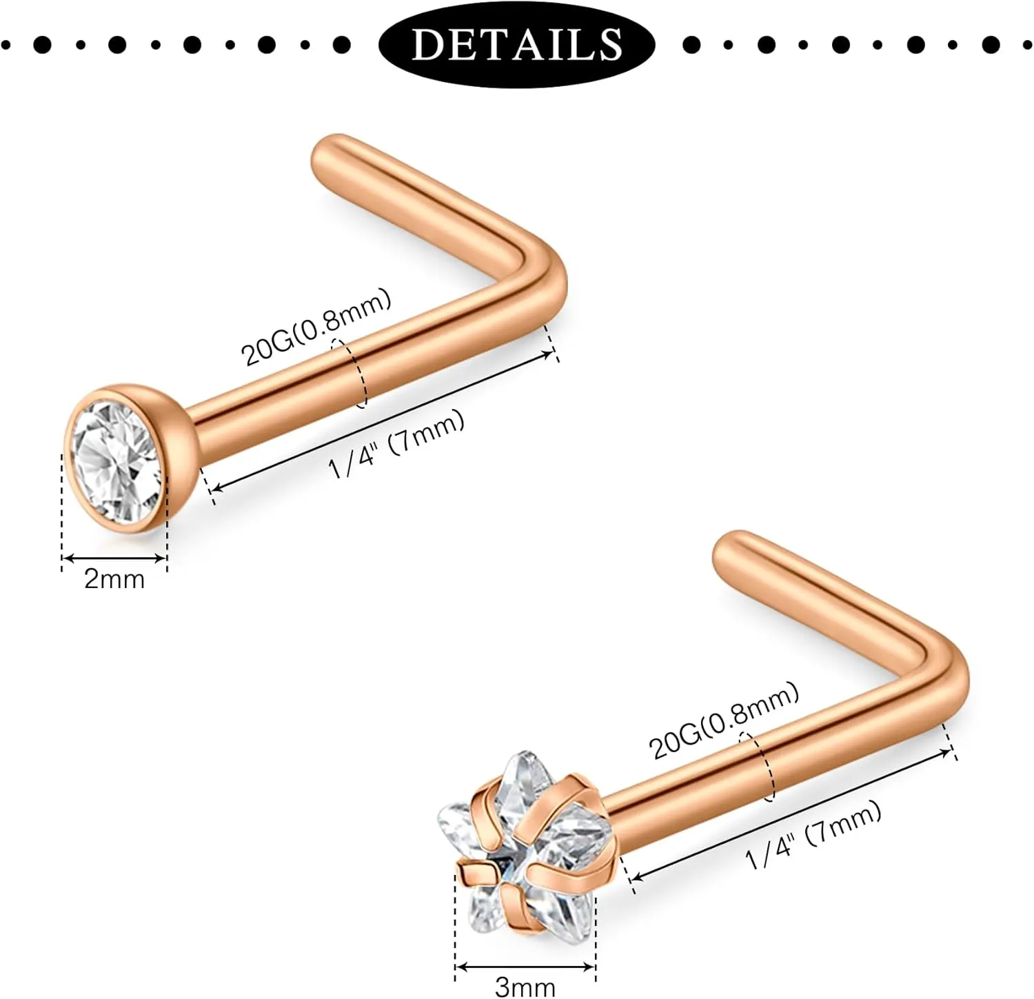 Anicina 18g 20g 22g Nose Rings Studs for Women Mens Nose Rings Hoops Surgical Steel Real Stud Nose Rings L Shaped Corkscrew Bone Nose Piercing Stud Jewelry Hypoallergenic 1.5mm 2mm 2.5mm 3mm