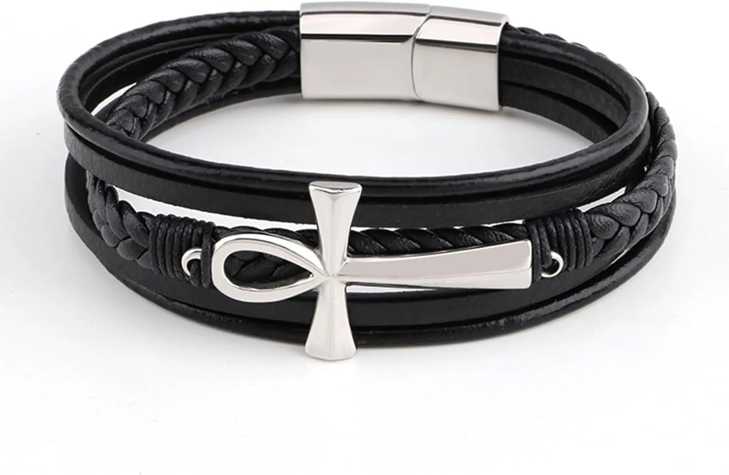 Ankh Cross Leather Bracelet for Men, Multi-Layer Braided Mens Cuff Bracelets with Stainless Steel Clasp Religious Anniversary Father's Day Birthday Christmas Jewelry Gifts for Him