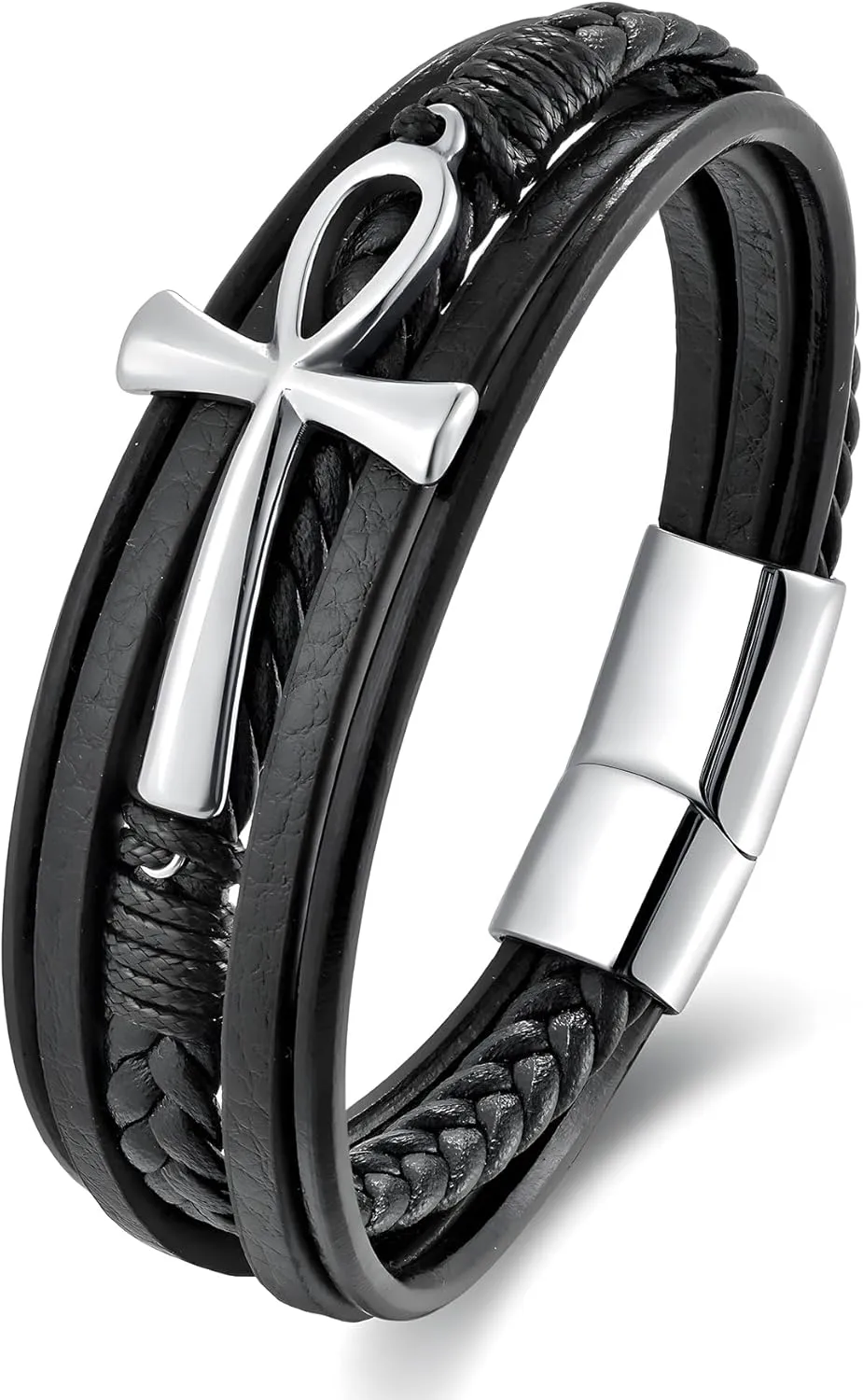 Ankh Cross Leather Bracelet for Men, Multi-Layer Braided Mens Cuff Bracelets with Stainless Steel Clasp Religious Anniversary Father's Day Birthday Christmas Jewelry Gifts for Him