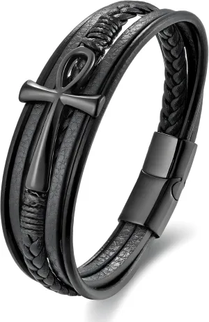 Ankh Cross Leather Bracelet for Men, Multi-Layer Braided Mens Cuff Bracelets with Stainless Steel Clasp Religious Anniversary Father's Day Birthday Christmas Jewelry Gifts for Him
