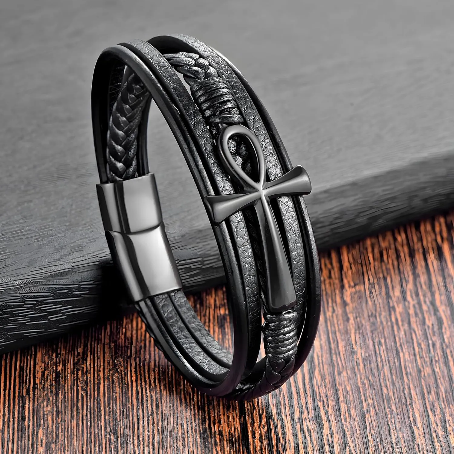 Ankh Cross Leather Bracelet for Men, Multi-Layer Braided Mens Cuff Bracelets with Stainless Steel Clasp Religious Anniversary Father's Day Birthday Christmas Jewelry Gifts for Him