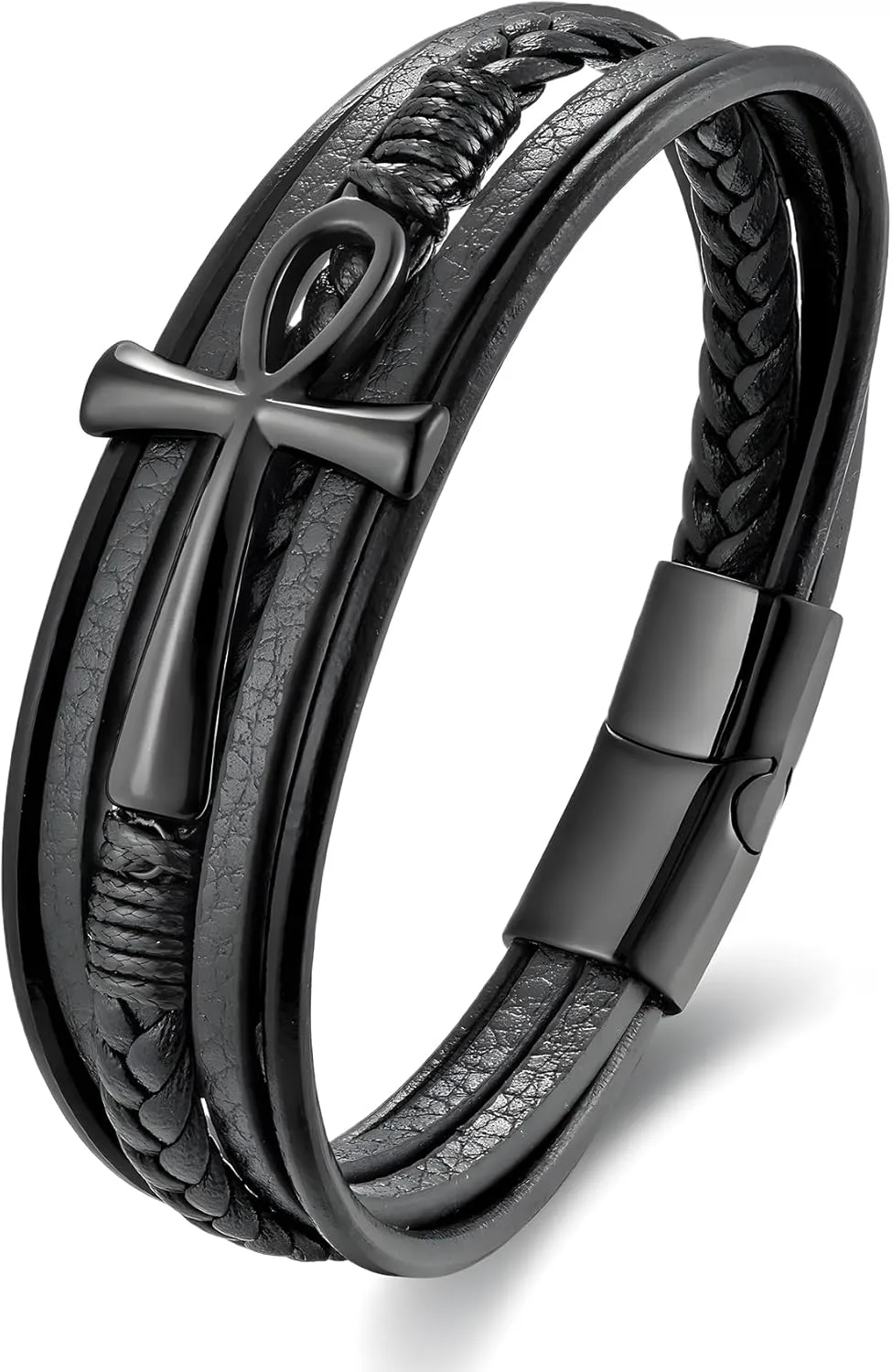 Ankh Cross Leather Bracelet for Men, Multi-Layer Braided Mens Cuff Bracelets with Stainless Steel Clasp Religious Anniversary Father's Day Birthday Christmas Jewelry Gifts for Him