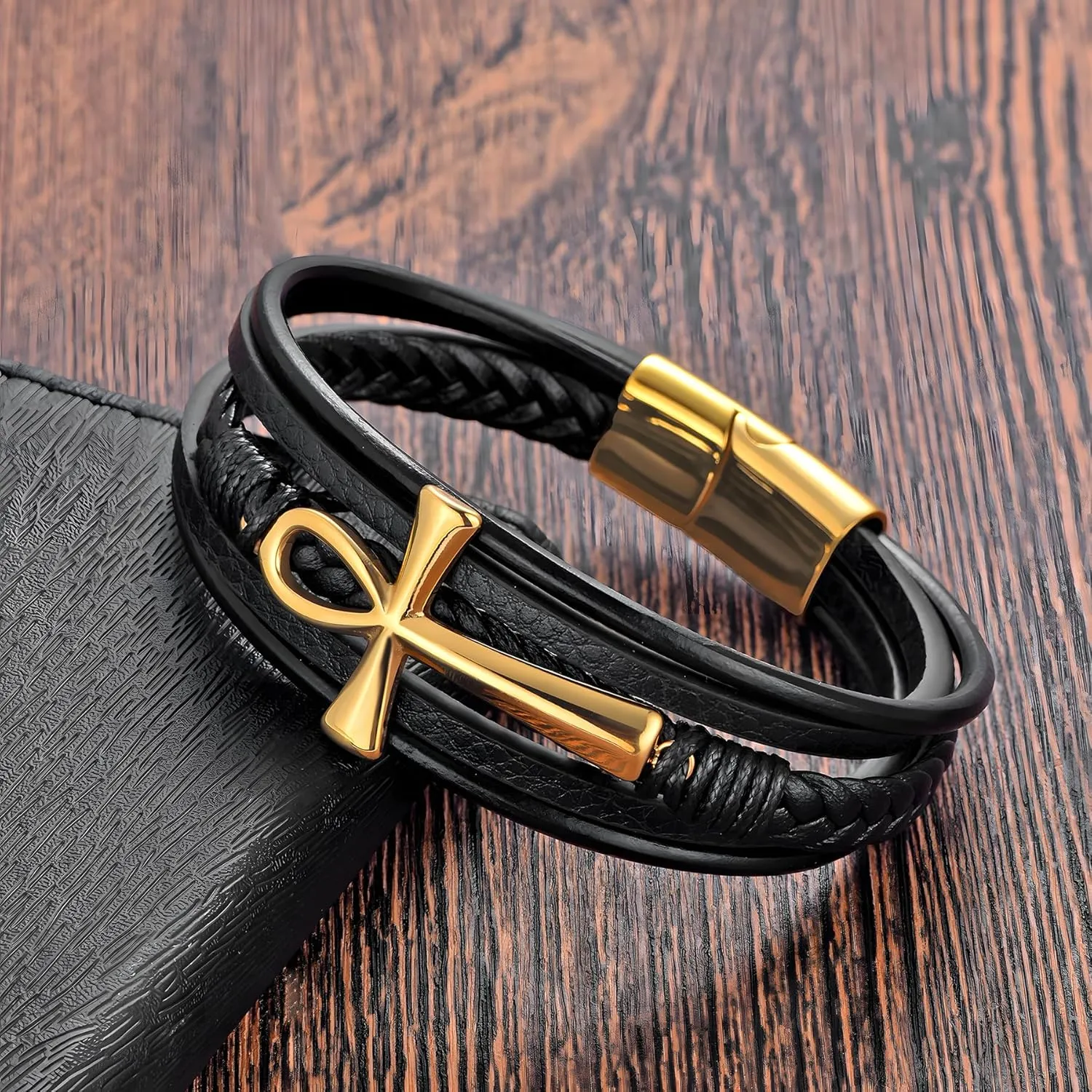 Ankh Cross Leather Bracelet for Men, Multi-Layer Braided Mens Cuff Bracelets with Stainless Steel Clasp Religious Anniversary Father's Day Birthday Christmas Jewelry Gifts for Him