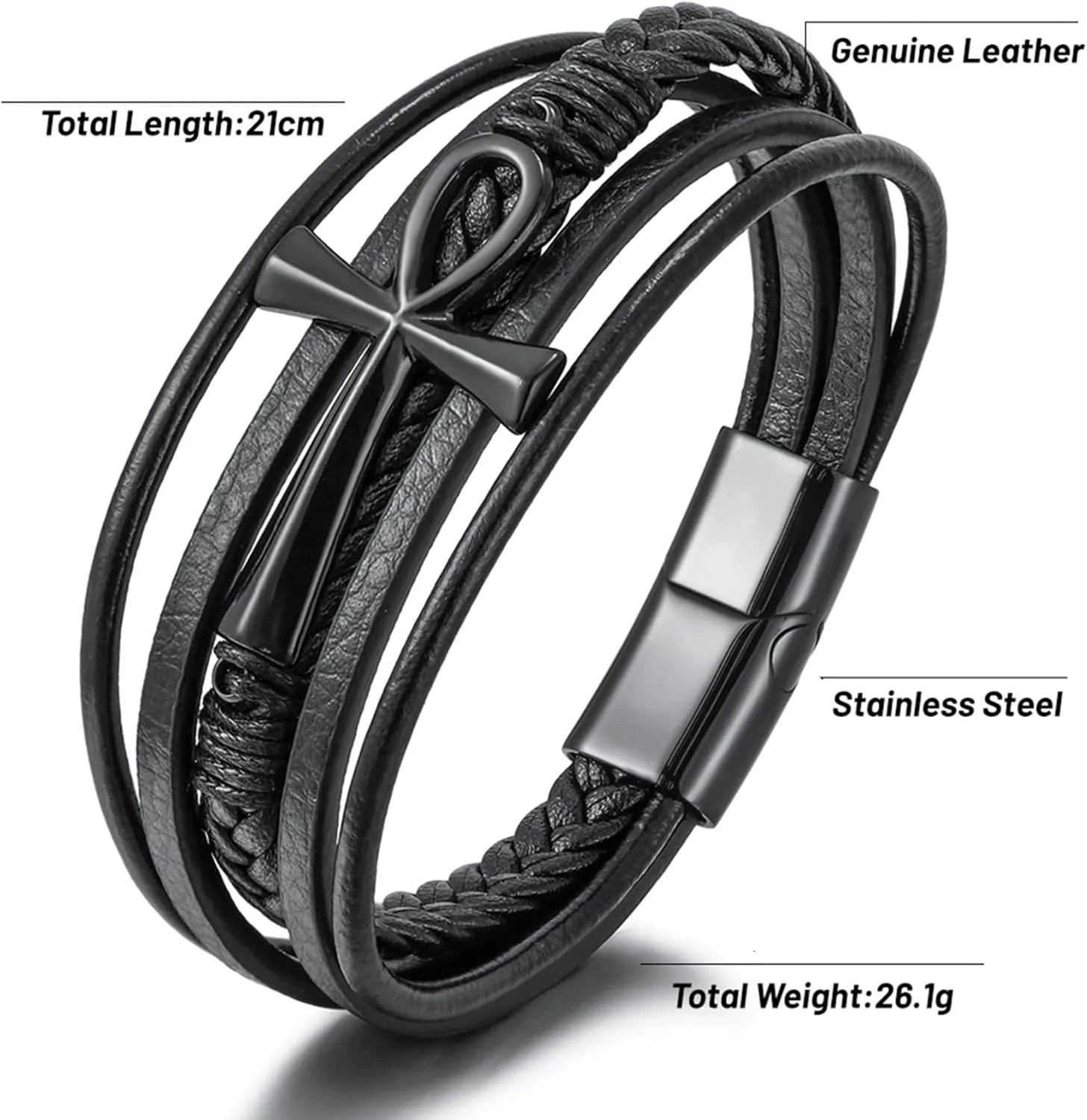 Ankh Cross Leather Bracelet for Men, Multi-Layer Braided Mens Cuff Bracelets with Stainless Steel Clasp Religious Anniversary Father's Day Birthday Christmas Jewelry Gifts for Him