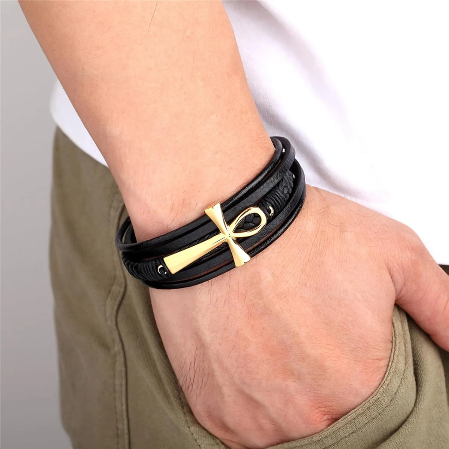 Ankh Cross Leather Bracelet for Men, Multi-Layer Braided Mens Cuff Bracelets with Stainless Steel Clasp Religious Anniversary Father's Day Birthday Christmas Jewelry Gifts for Him