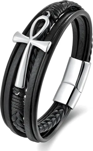 Ankh Cross Leather Bracelet for Men, Multi-Layer Braided Mens Cuff Bracelets with Stainless Steel Clasp Religious Anniversary Father's Day Birthday Christmas Jewelry Gifts for Him