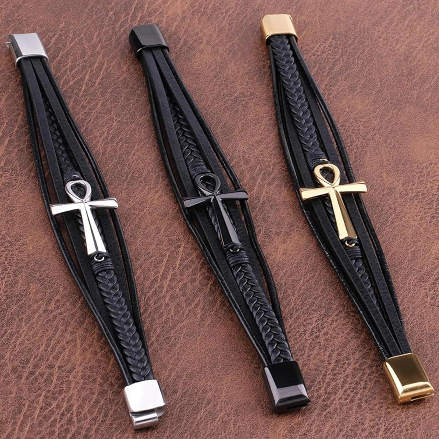 Ankh Cross Leather Bracelet for Men, Multi-Layer Braided Mens Cuff Bracelets with Stainless Steel Clasp Religious Anniversary Father's Day Birthday Christmas Jewelry Gifts for Him