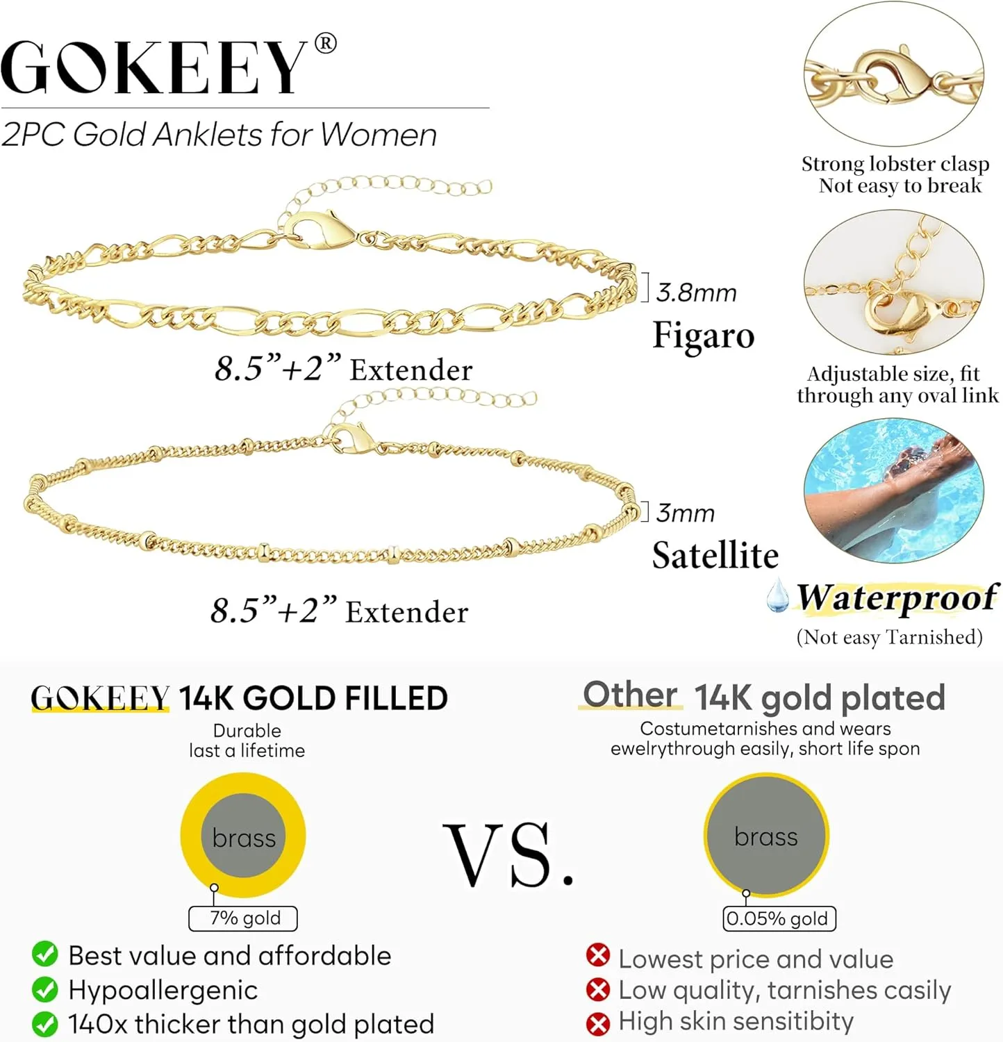 Anklet for Women, 14K Gold Plated Waterproof Ankle Bracelets Stackable Layer Anklets Dainty Jewelry Gift for Women