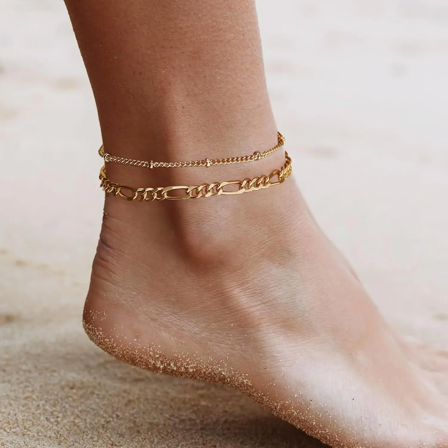 Anklet for Women, 14K Gold Plated Waterproof Ankle Bracelets Stackable Layer Anklets Dainty Jewelry Gift for Women