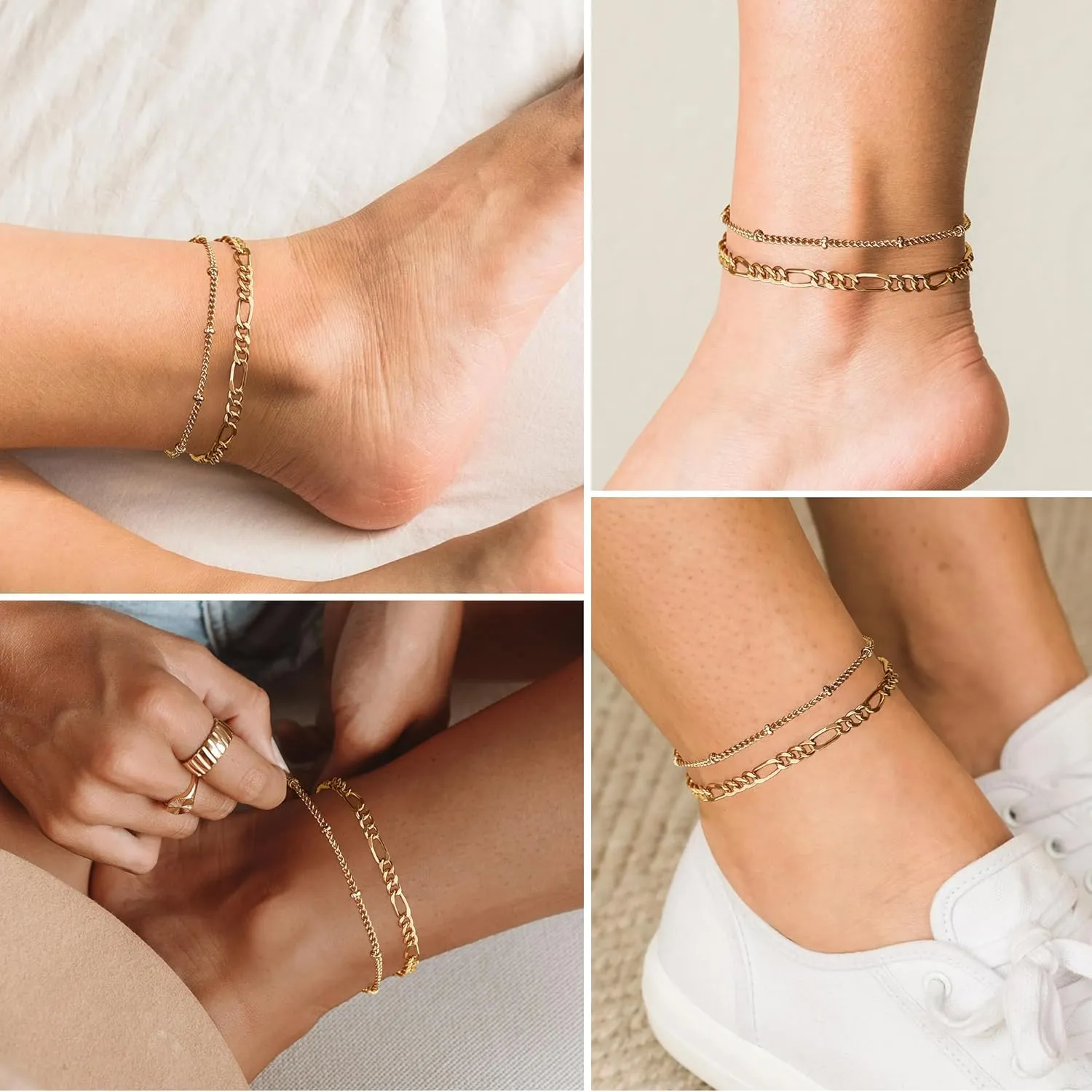 Anklet for Women, 14K Gold Plated Waterproof Ankle Bracelets Stackable Layer Anklets Dainty Jewelry Gift for Women