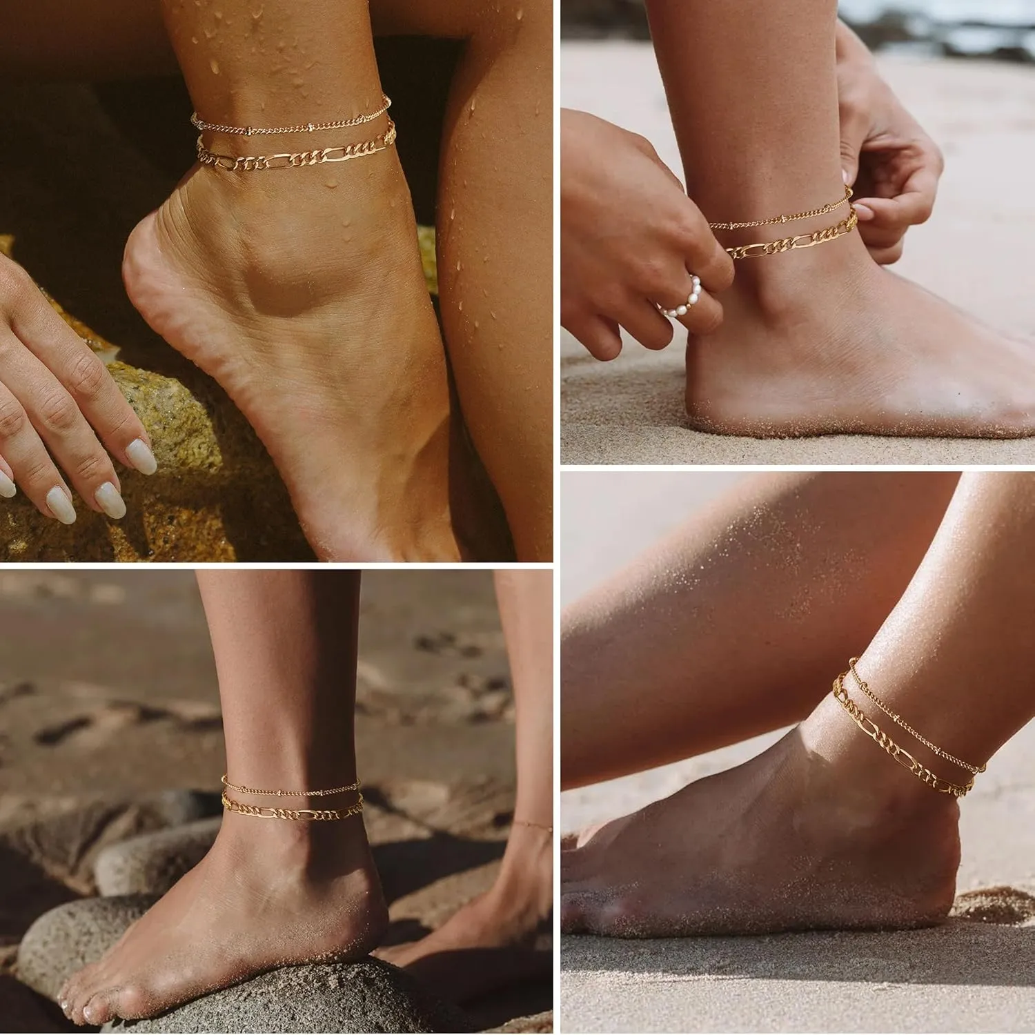Anklet for Women, 14K Gold Plated Waterproof Ankle Bracelets Stackable Layer Anklets Dainty Jewelry Gift for Women