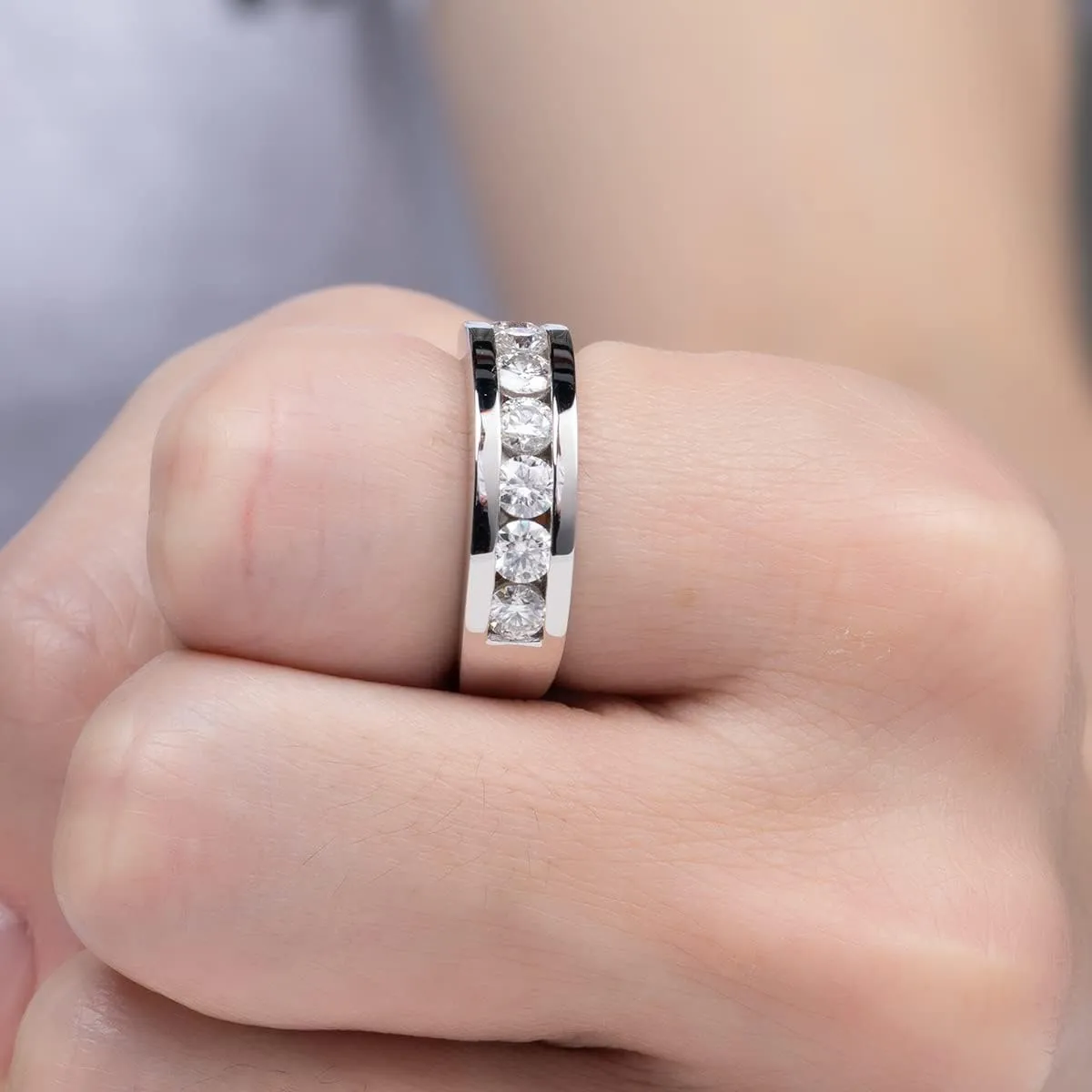 AnuClub Moissanite Wedding Band Half Eternity Rings D Color VVS1 925 Sterling Silver Anniversary Band Rings for Men with Certificate