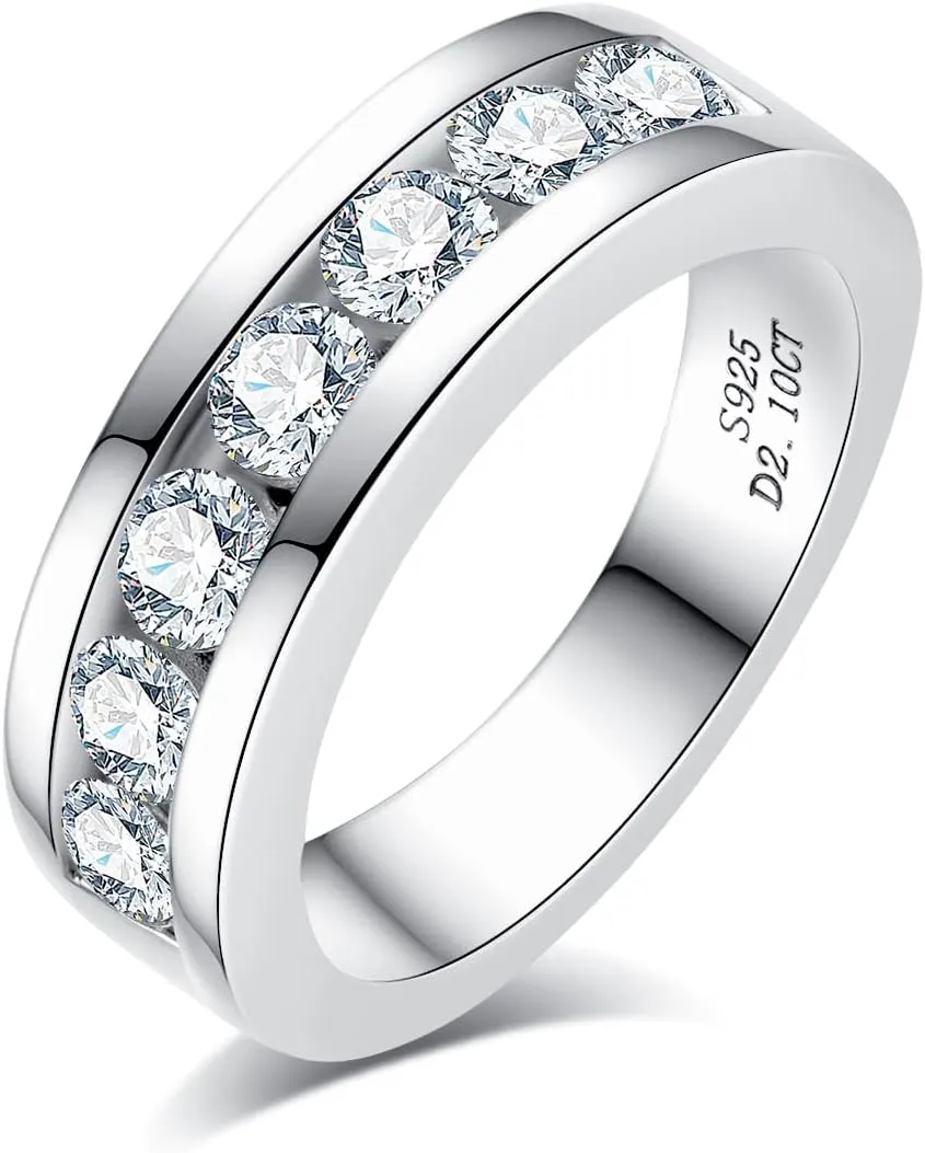 AnuClub Moissanite Wedding Band Half Eternity Rings D Color VVS1 925 Sterling Silver Anniversary Band Rings for Men with Certificate