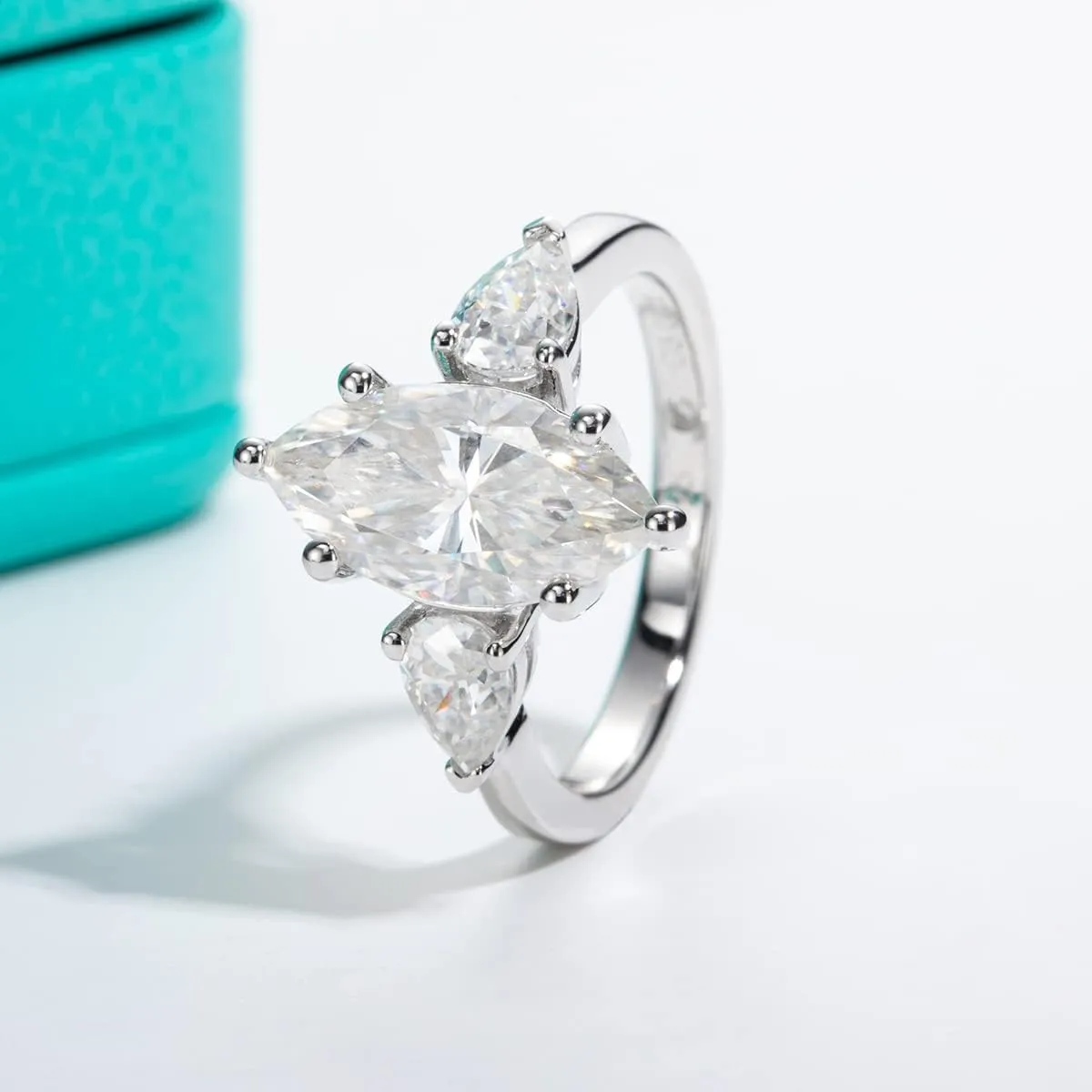 AnuClub Round/Emerald/Marquise Cut Moissanite 3 Stones Engagement Rings D Color VVS1 Round Cut 925 Sterling Silver Anniversary Wedding Promise Rings for Women