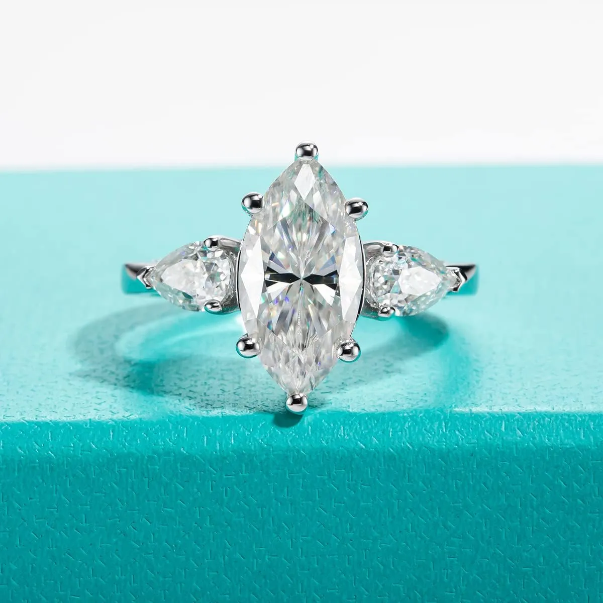 AnuClub Round/Emerald/Marquise Cut Moissanite 3 Stones Engagement Rings D Color VVS1 Round Cut 925 Sterling Silver Anniversary Wedding Promise Rings for Women