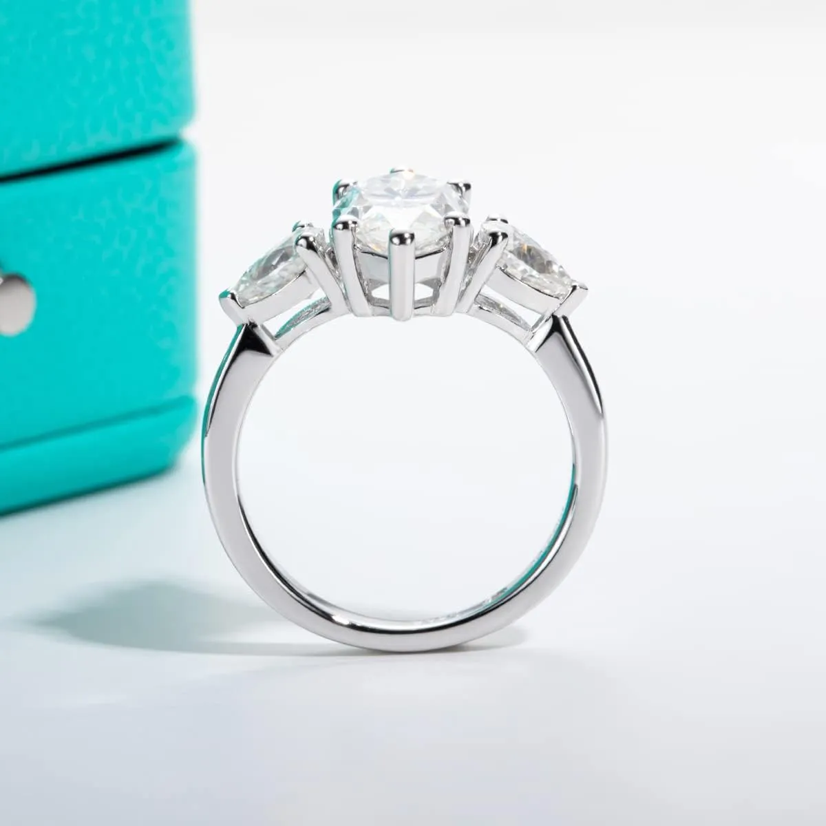 AnuClub Round/Emerald/Marquise Cut Moissanite 3 Stones Engagement Rings D Color VVS1 Round Cut 925 Sterling Silver Anniversary Wedding Promise Rings for Women