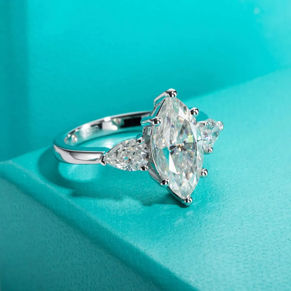 AnuClub Round/Emerald/Marquise Cut Moissanite 3 Stones Engagement Rings D Color VVS1 Round Cut 925 Sterling Silver Anniversary Wedding Promise Rings for Women