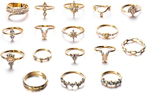 Anxiety Ring for Women,17Pcs Unique Carved Stackable Knuckle Rings Alloy Boho Ethnic Style Faux Gem Finger Rings Jewelry Accessory