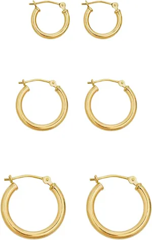 AVORA 10K Gold Classic Polished 2mm Tube Click-Top Hoop Earrings 3-Pair Set - Yellow or White Gold