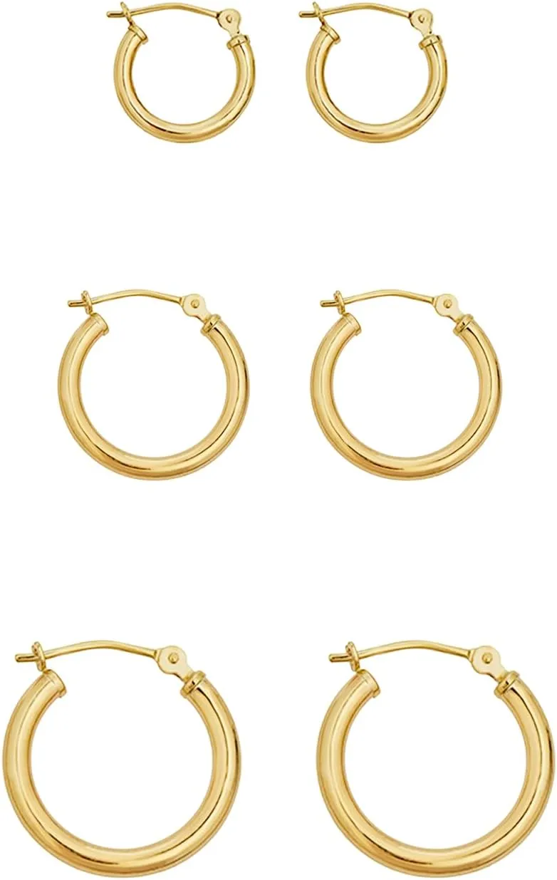 AVORA 10K Gold Classic Polished 2mm Tube Click-Top Hoop Earrings 3-Pair Set - Yellow or White Gold