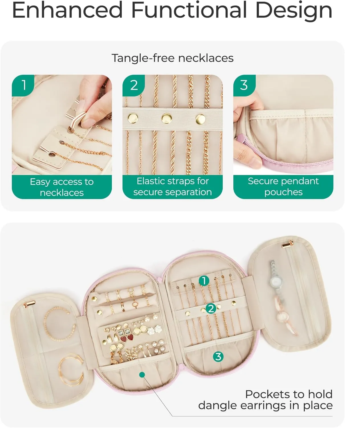 BAGSMART Travel Jewelry Case Jewelry Organizer Storage Roll Rings Necklaces Earrings Bracelets Brooches Watch Large Portable Beige