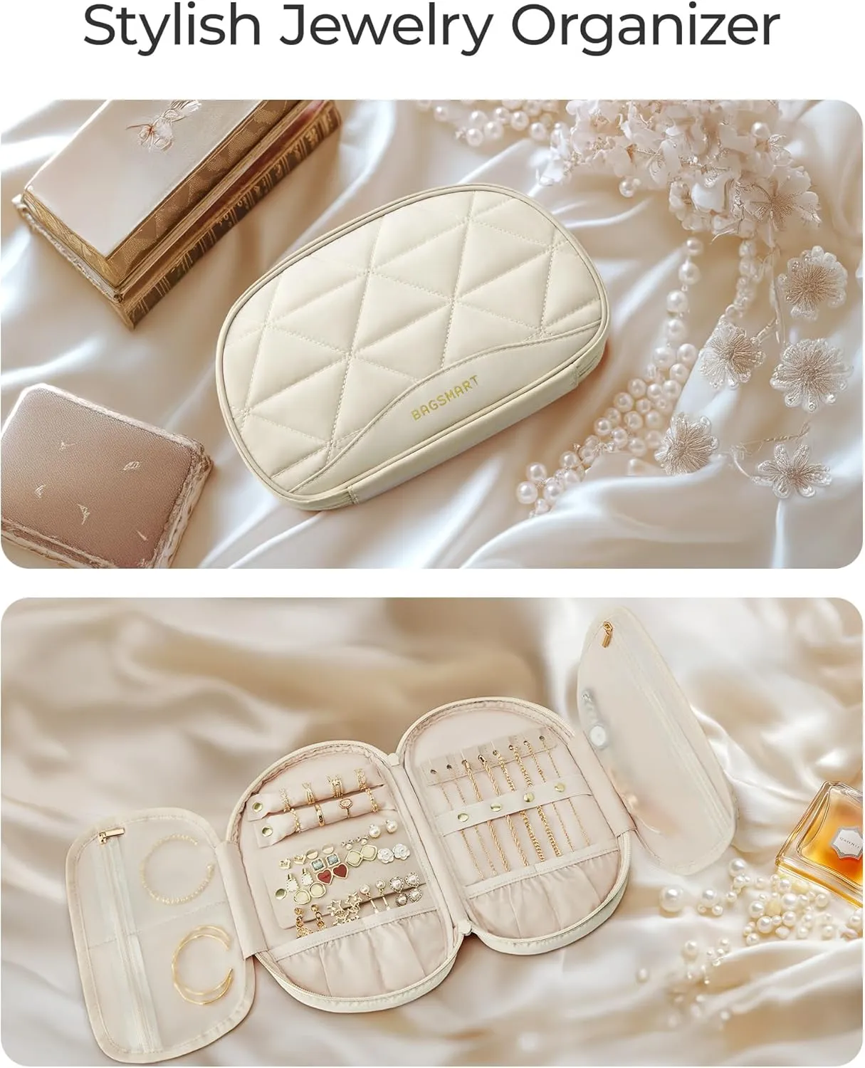 BAGSMART Travel Jewelry Case Jewelry Organizer Storage Roll Rings Necklaces Earrings Bracelets Brooches Watch Large Portable Beige