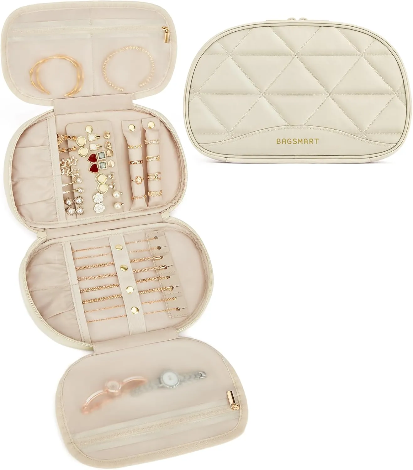 BAGSMART Travel Jewelry Case Jewelry Organizer Storage Roll Rings Necklaces Earrings Bracelets Brooches Watch Large Portable Beige