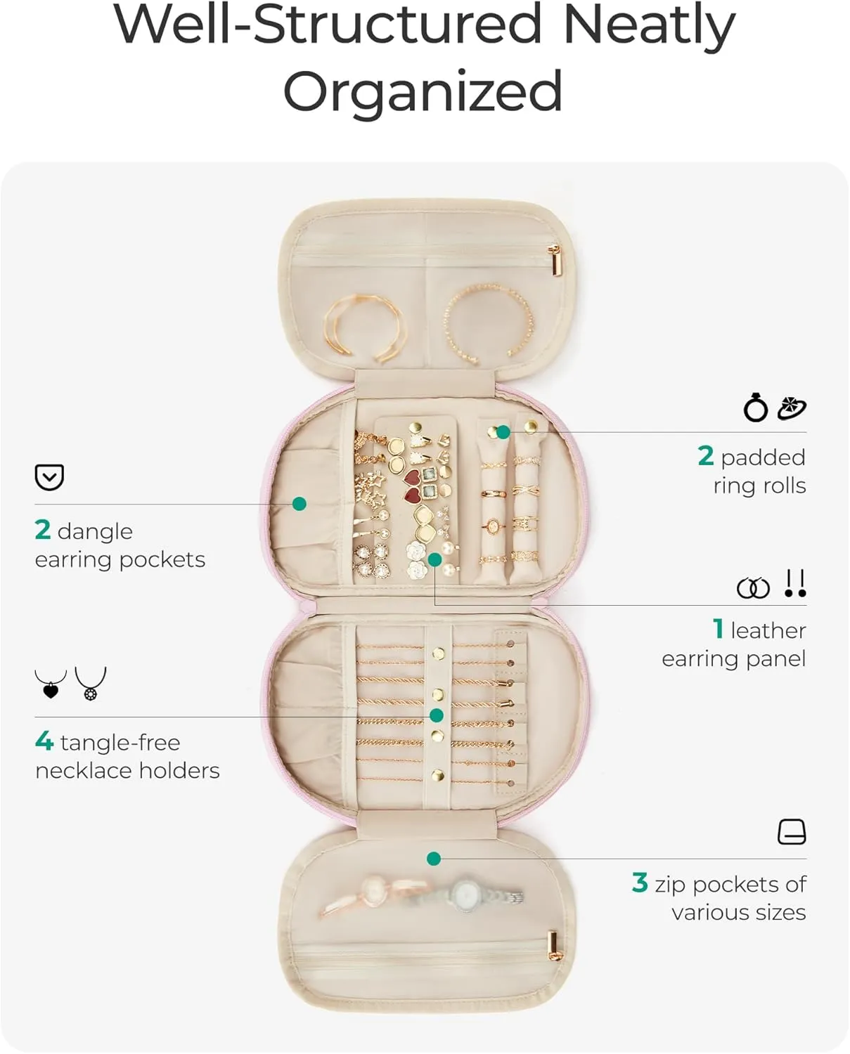 BAGSMART Travel Jewelry Case Jewelry Organizer Storage Roll Rings Necklaces Earrings Bracelets Brooches Watch Large Portable Beige