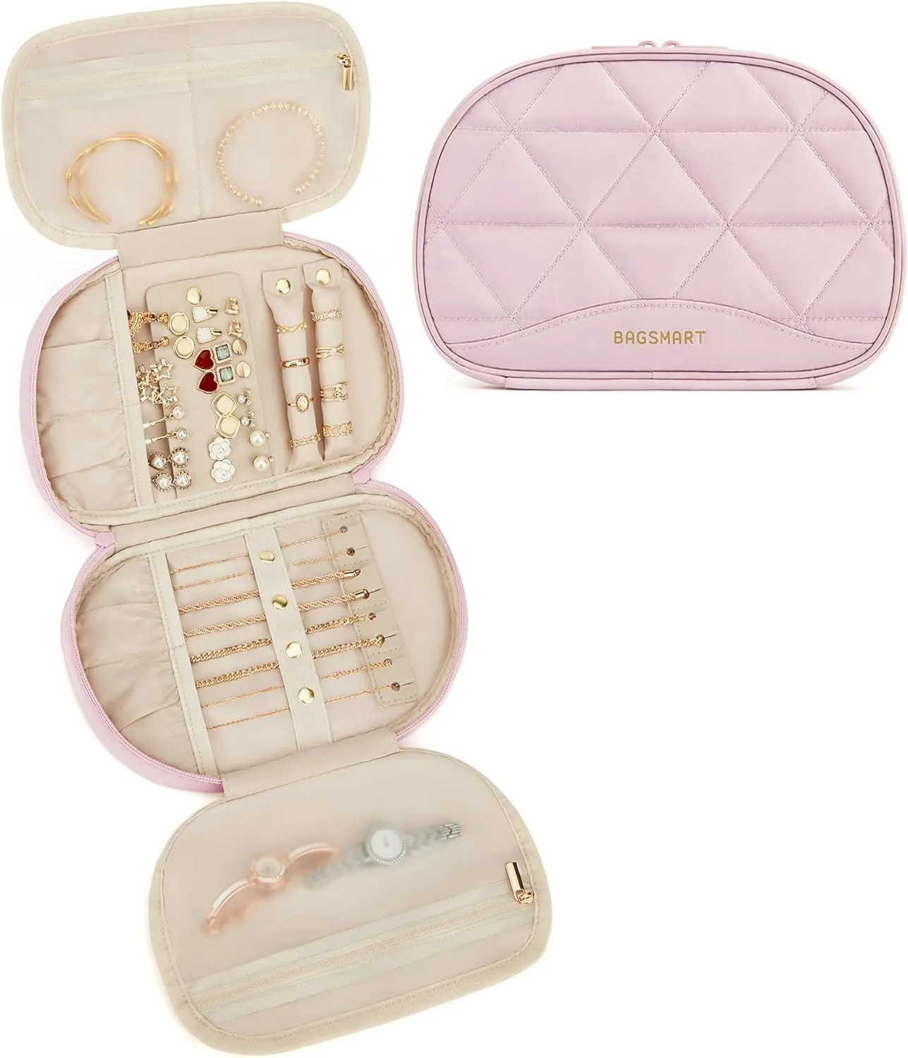 BAGSMART Travel Jewelry Case Jewelry Organizer Storage Roll Rings Necklaces Earrings Bracelets Brooches Watch Large Portable Light Pink
