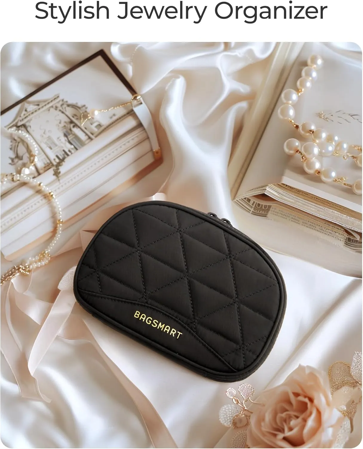 BAGSMART Travel Jewelry Case Jewelry Organizer Storage Roll Rings Necklaces Earrings Bracelets Brooches Watch Small Portable Black