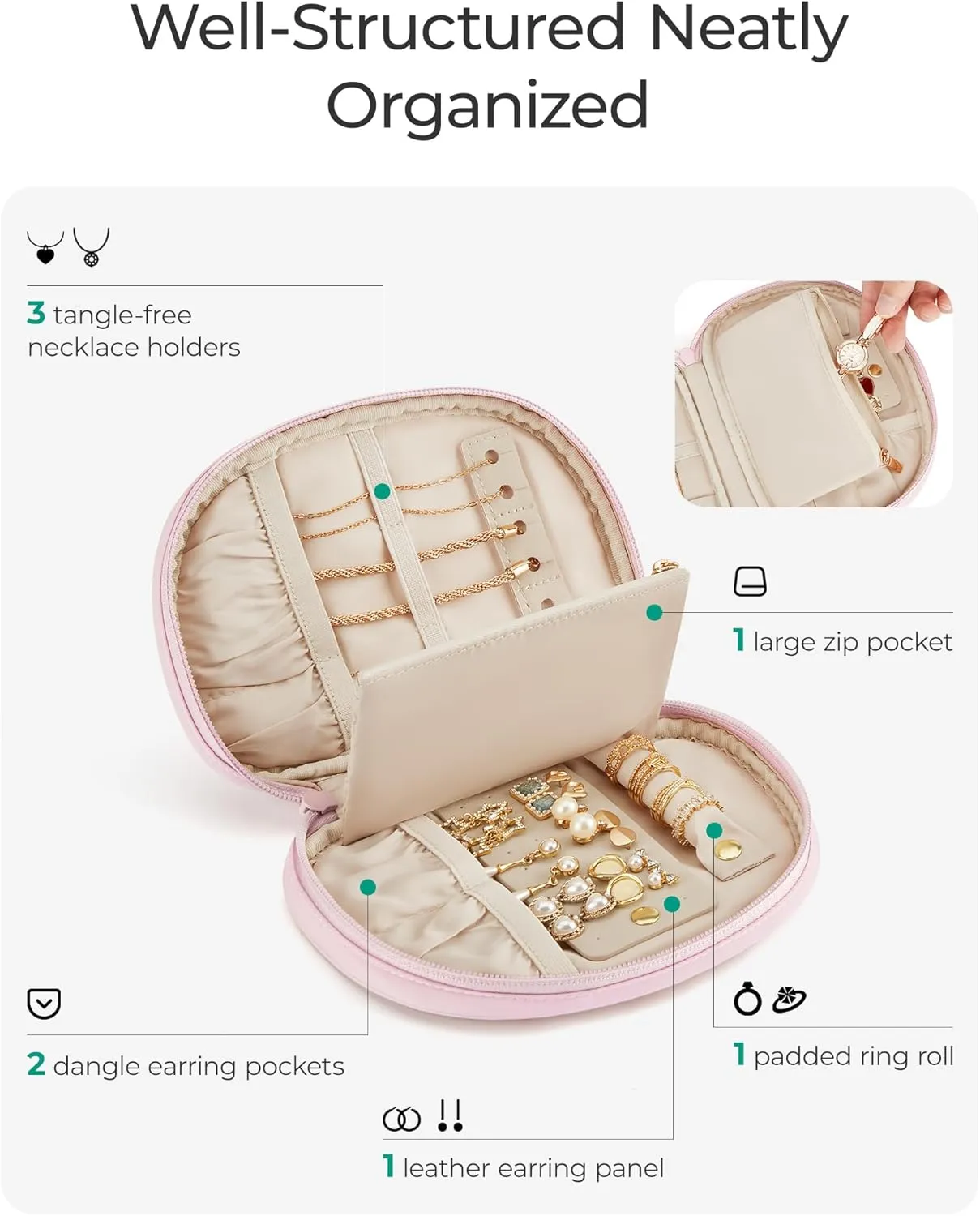 BAGSMART Travel Jewelry Case Jewelry Organizer Storage Roll Rings Necklaces Earrings Bracelets Brooches Watch Small Portable Black