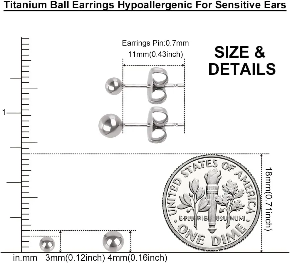 Ball Stud Titanium Earrings,Hypoallergenic for Women High Polished Colored for Sensitive Ears, 3mm and 4mm Pure Titanium Nickel-Free Lead-Free