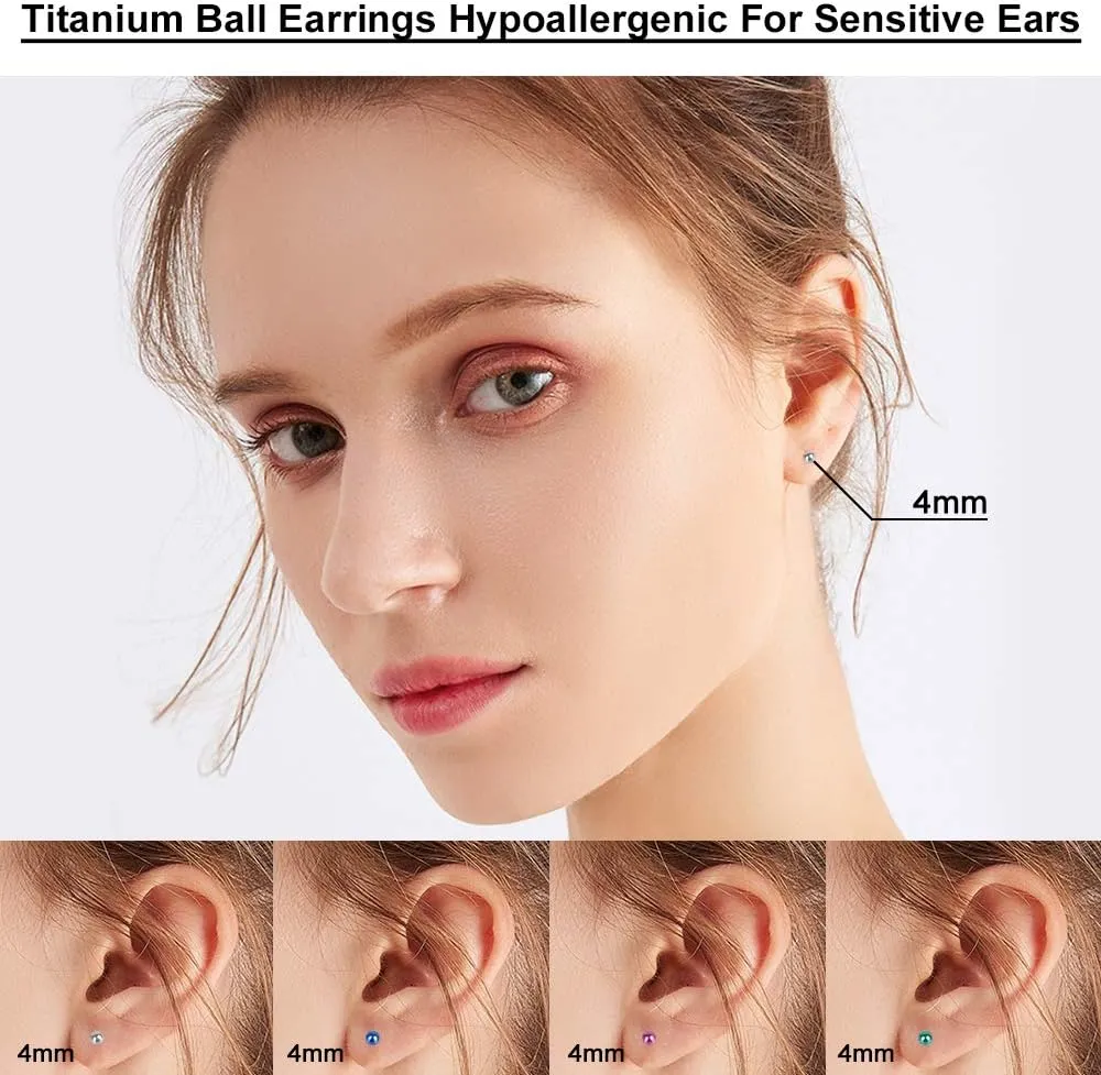 Ball Stud Titanium Earrings,Hypoallergenic for Women High Polished Colored for Sensitive Ears, 3mm and 4mm Pure Titanium Nickel-Free Lead-Free
