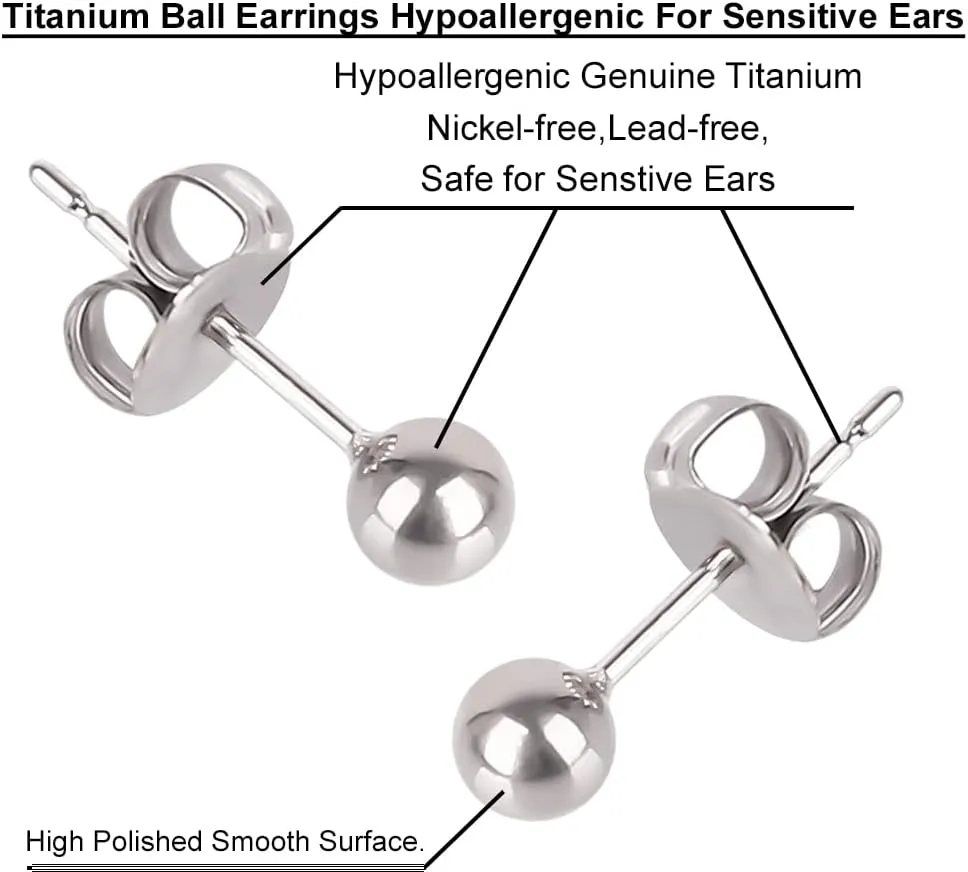Ball Stud Titanium Earrings,Hypoallergenic for Women High Polished Colored for Sensitive Ears, 3mm and 4mm Pure Titanium Nickel-Free Lead-Free