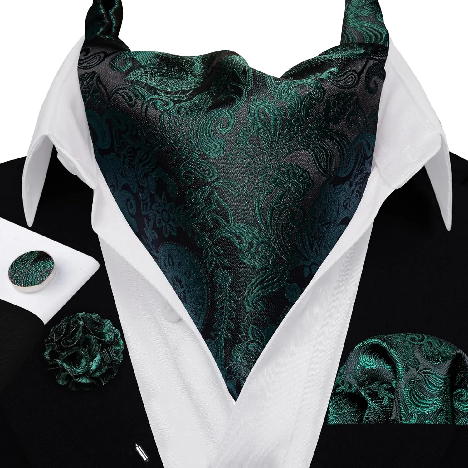 Barry.Wang Men's Ascot Paisley Floral Cravats Tie Lapel Pin Pocket Square Cufflinks 4PC Wedding Business Party Casual for Men
