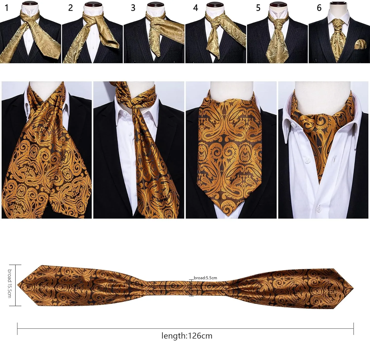 Barry.Wang Men's Ascot Paisley Floral Cravats Tie Lapel Pin Pocket Square Cufflinks 4PC Wedding Business Party Casual for Men