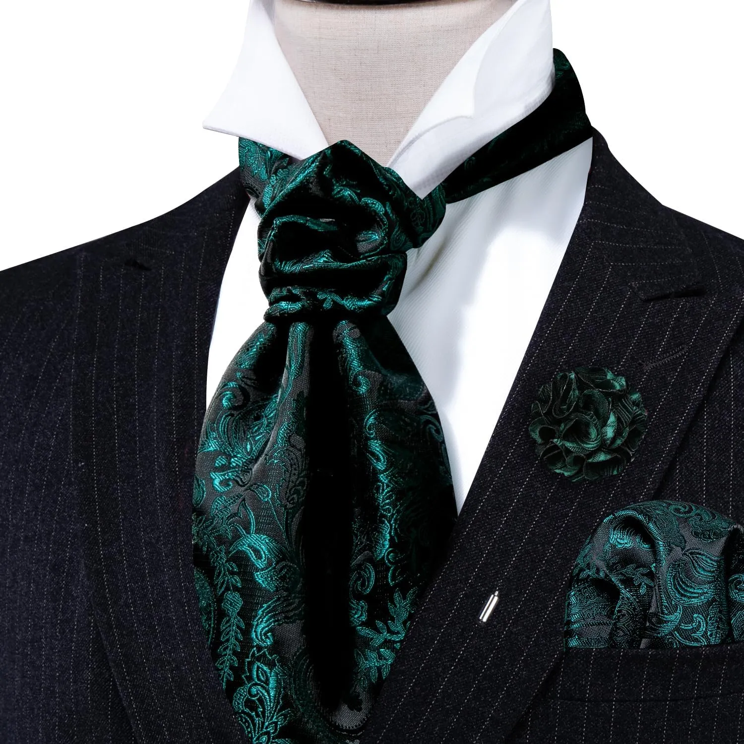 Barry.Wang Men's Ascot Paisley Floral Cravats Tie Lapel Pin Pocket Square Cufflinks 4PC Wedding Business Party Casual for Men