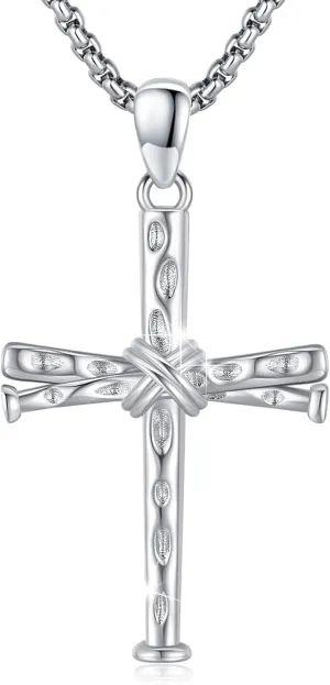 Baseball Cross Necklace for Men, 925 Sterling Silver Nail Cross Pendant with Stainless Steel Chain 22" 2"