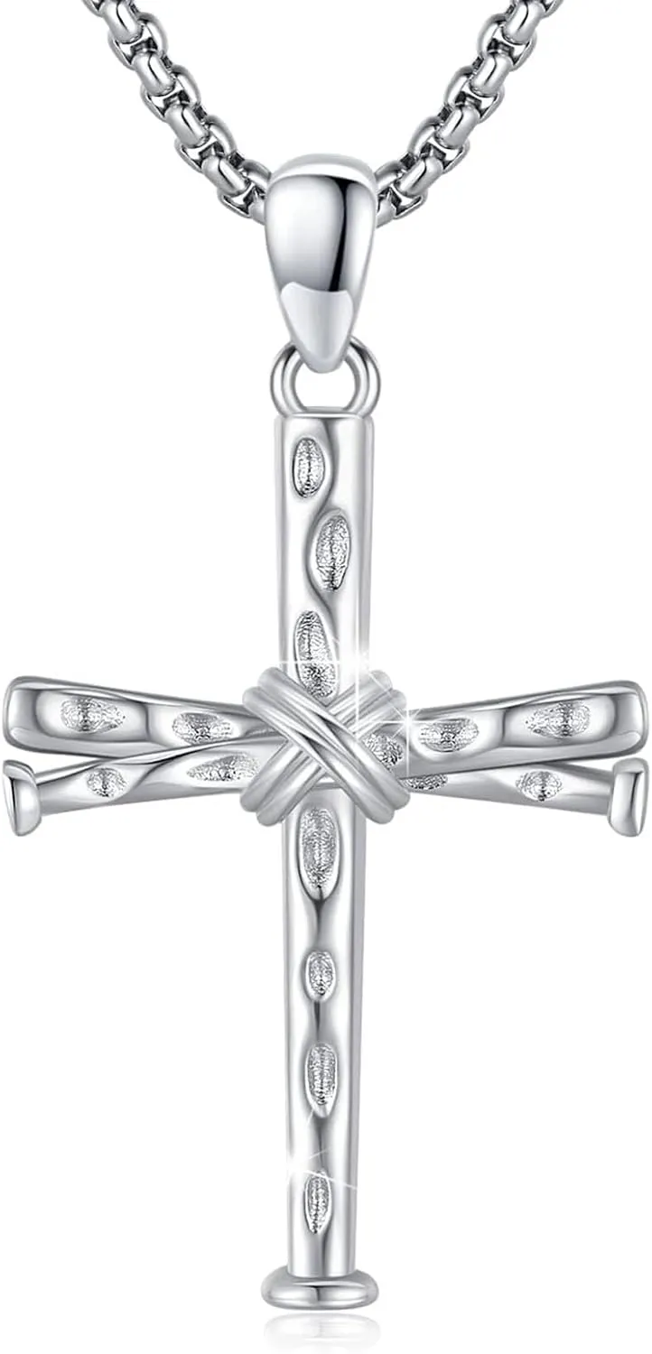 Baseball Cross Necklace for Men, 925 Sterling Silver Nail Cross Pendant with Stainless Steel Chain 22" 2"