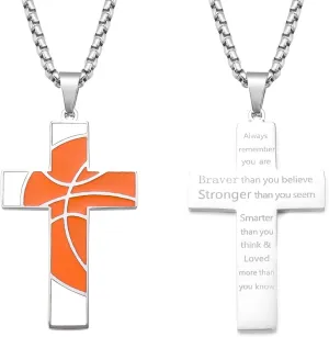 Basketball Cross Necklace for Boys Men with Bible Verse Stainless Steel Cross Pendant Chain 20 Inches First Communion Baptism Gifts for Boys Basketball Accessories